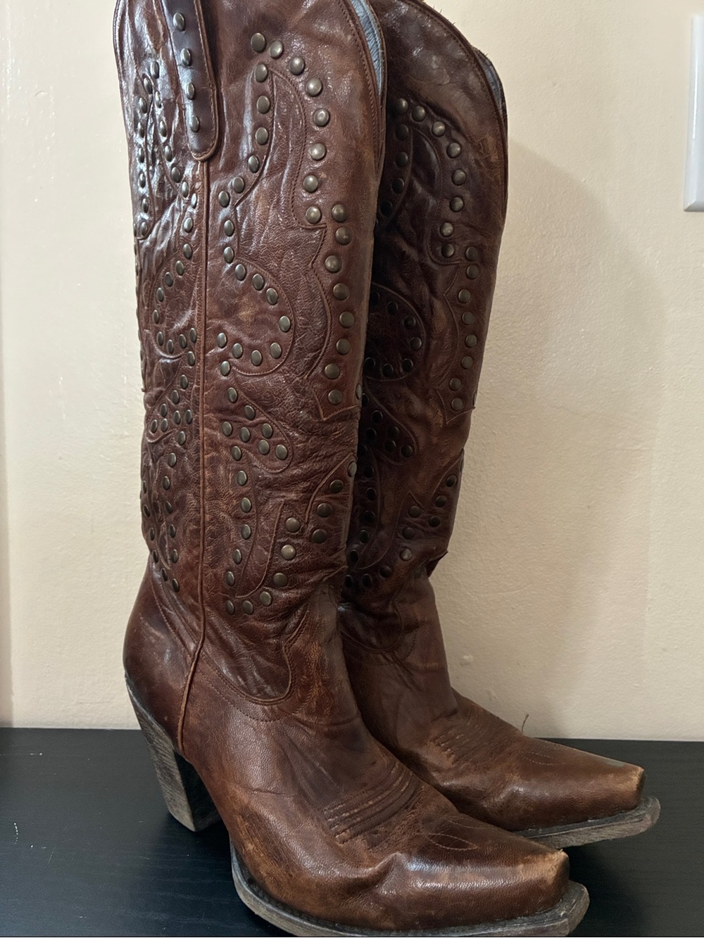 Lane Fine boots Brown Studded Leather Heeled Cowboy Boots size 7.5